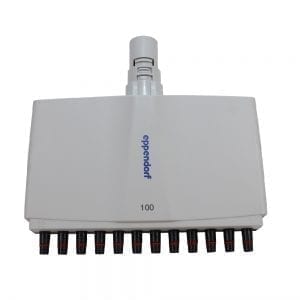 A white Eppendorf Xplorer Plus 8-channel multichannel pipette head (50-1200 μL), labeled 100 on the front, with black and red pipette tips.