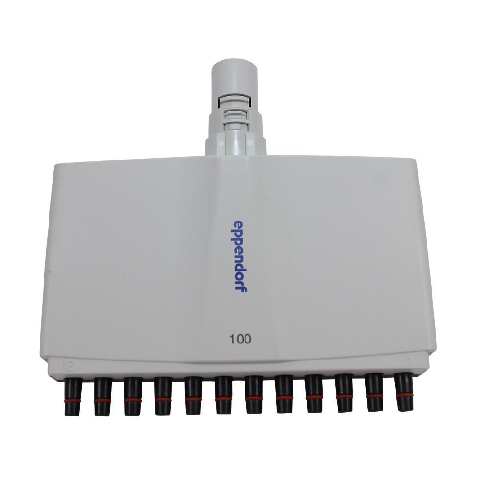 EP4861609001 A white Eppendorf Xplorer Plus 8-channel multichannel pipette head (50-1200 μL), labeled 100 on the front, with black and red pipette tips.