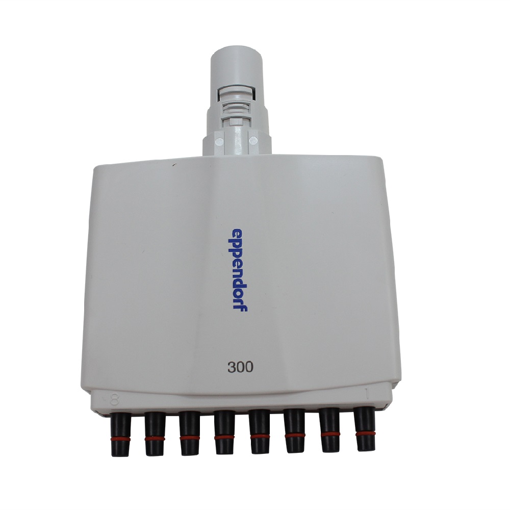 EP4861610000 An Xplorer / Xplorer Plus Lower Part Complete, Multichannel, 8-ch, 50-1200μL (Eppendorf) in white with eight black pipette tips attached is shown against a plain background.
