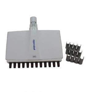 An Xplorer / Xplorer Plus Lower Part Complete, 8-channel multichannel pipette (50-1200μL, Eppendorf) is shown with two gray plastic clip attachments on the side.