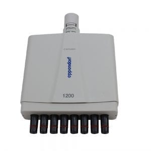 An Eppendorf Xplorer Plus Lower Part Complete, Multichannel, 8-channel (50-1200μL) pipette with eight black tips, shown from the front.
