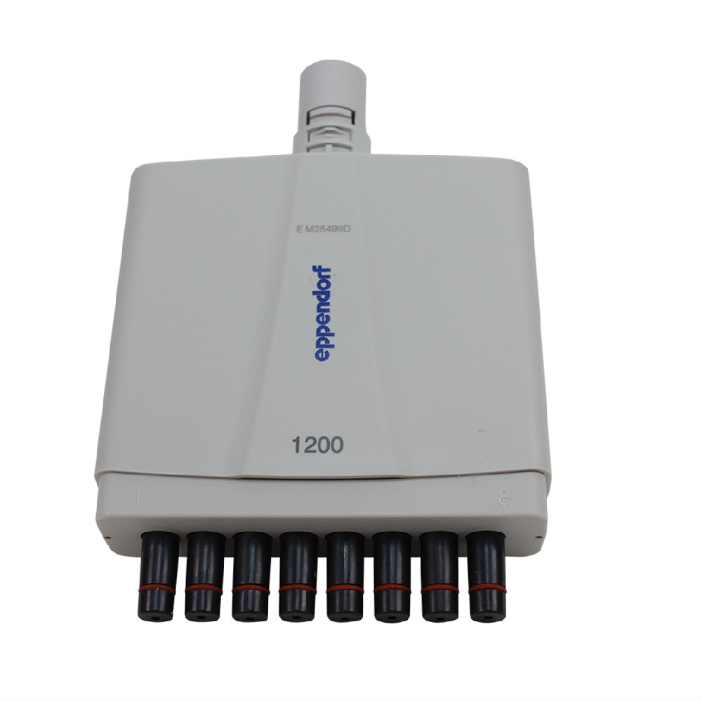 EP4861612002 An Eppendorf Xplorer Plus Lower Part Complete, Multichannel, 8-channel (50-1200μL) pipette with eight black tips, shown from the front.