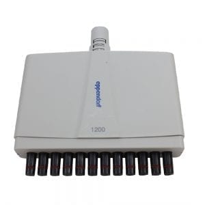 An Eppendorf Xplorer / Xplorer Plus 8-channel multichannel lower part (50-1200μL) with eight black pipette tips attached at the bottom.