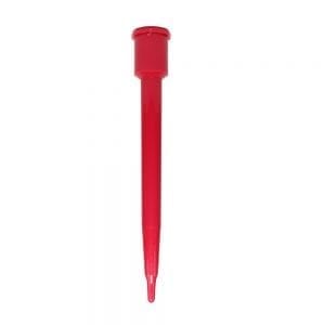 A Discovery Comfort/Labmate Shaft single channel 10μL pipette tip in red (Labnet) is shown upright against a white background.