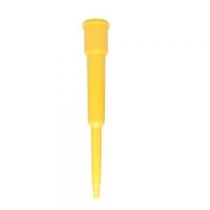 A yellow Labnet Shaft Single Channel pipette tip, compatible with 50μL and 100μL volumes, commonly used in labs for precise liquid transfers.