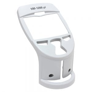 White plastic Finnpipette Novus Cover, Backlight, 1200μL for Thermo Scientific pipettes; labeled 100-1200 µl with cutout sections and two screw holes at the bottom.