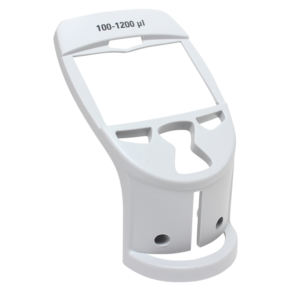 White plastic Finnpipette Novus Cover, Backlight, 1200μL for Thermo Scientific pipettes; labeled 100-1200 µl with cutout sections and two screw holes at the bottom.