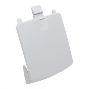 The E1 ClipTip Battery Lid (Thermo Scientific) is a white plastic rectangular compartment cover with a latch and two side hooks, designed for the E1 ClipTip electronic device.
