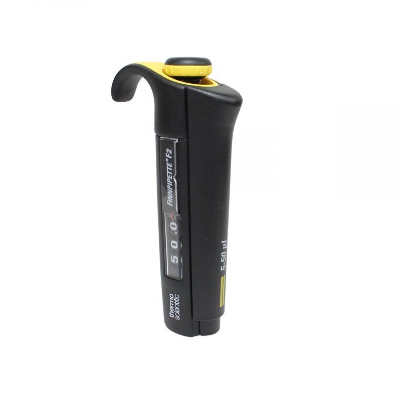 The Thermo Scientific Finnpipette F2 Handle is a black and yellow adjustable laboratory pipette (single & multichannel), 5-50μL universal volume range, shown set to 5.0μL with display.