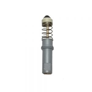 A metal spring in the Transferpette S Piston Assembly, Single Channel, New Version, 10-100μL (BrandTech), is connected to a gray plastic cylindrical housing, set against a white background.