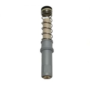 The Transferpette S Piston Assembly, Single Channel, New Version, 100-1000μL (BrandTech) is a gray-based cylindrical component with a metal spring and threaded cap for precise liquid handling in laboratory devices.