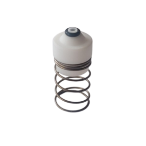 A Transferpette S Seal with Spring, Single Channel, 5-50μL (BrandTech), featuring a metal coil spring attached to a white cylindrical plastic part with a small circular detail on top.