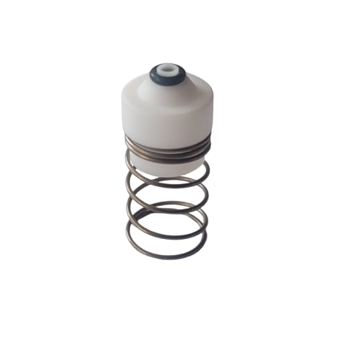 A Transferpette S Seal with Spring, Single Channel, 5-50μL (BrandTech), featuring a metal coil spring attached to a white cylindrical plastic part with a small circular detail on top.