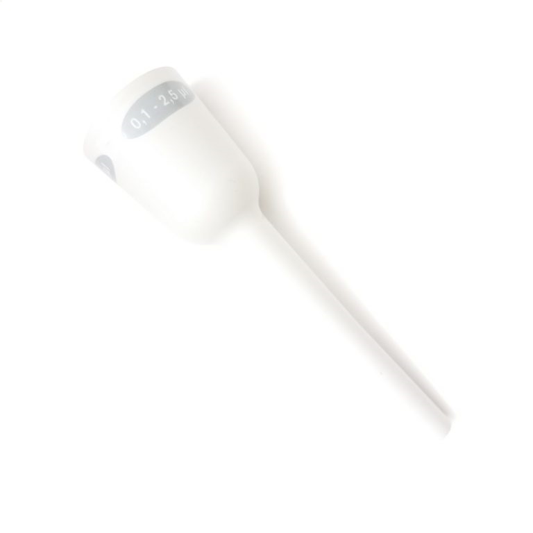 BT-704649-768x768 A white plastic lower part of ejector for Transferpette S, single channel, older version, 0.1-2.5μL (BrandTech), with measurement markings—shown on a white background for precise liquid handling.