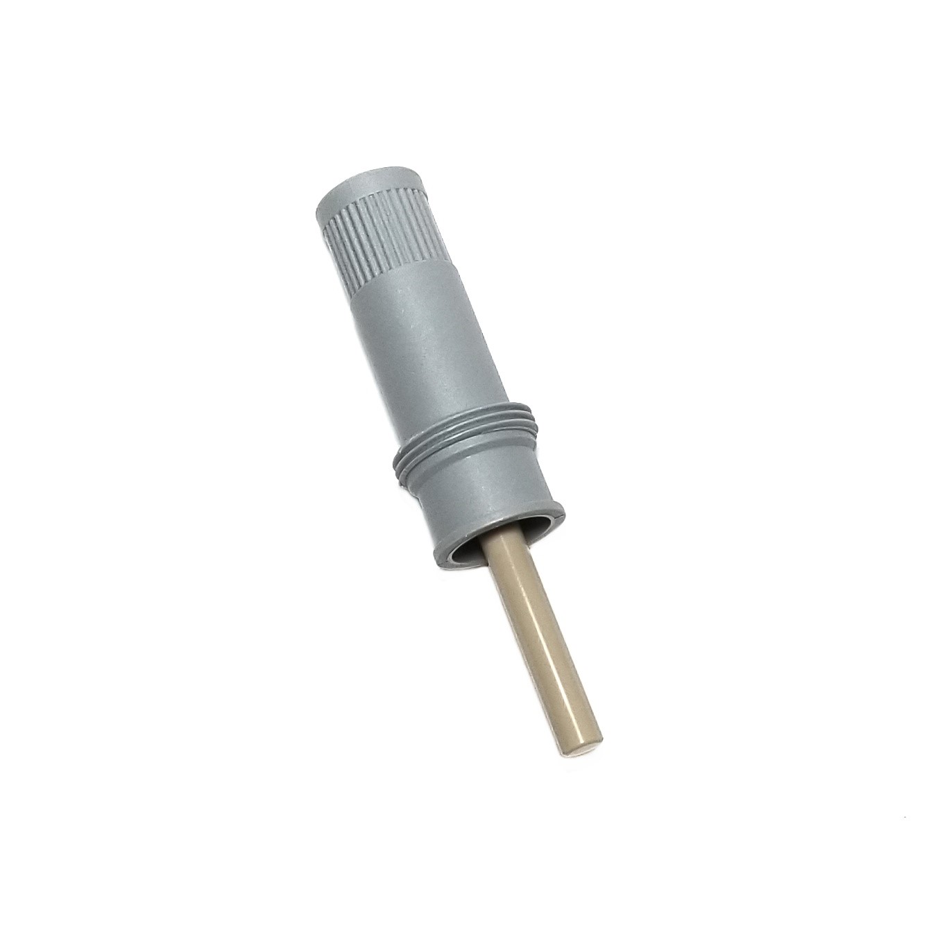 BT 704655 A gray plastic cylindrical device with a ribbed grip and beige inner rod, the Transferpette S Piston Single Channel 20-200μL (BrandTech, New Version) is shown on a white background.