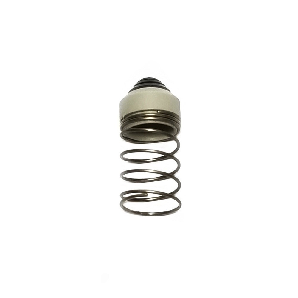 A Transferpette S Seal with Spring, Single Channel, New Version, 10-100μL (BrandTech)—featuring a metal coil spring and round white metallic cap—is photographed on a white background.