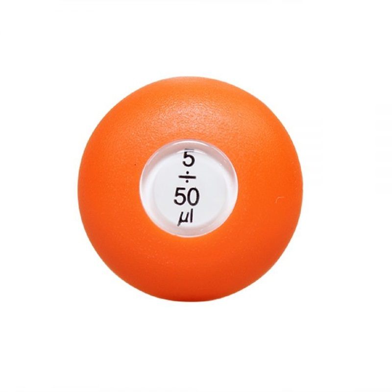 LNSP29347_COR The Labnet Push Button, Multichannel, 50μL (Labnet) is an orange circular button with a window showing "5 ÷ 50μL" in black text, designed for precise multichannel pipette use.