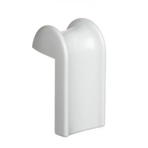 A white plastic end cap with rounded top and straight sides, designed for the Finnpipette Pipette Shelf Hanger (Thermo Scientific), fitting over rectangular edges for a secure finish.