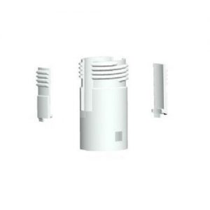 White cylindrical plastic component shown from front, left, and right angles, with grooves and a rectangular cutout near the base. Typical of the Finnpipette / Fisherbrand Adapter Assembly, New Version, Multichannel, All Volumes (Thermo Scientific).