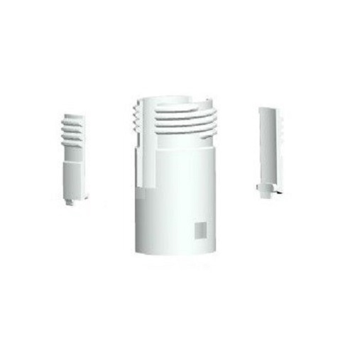 White cylindrical plastic component shown from front, left, and right angles, with grooves and a rectangular cutout near the base. Typical of the Finnpipette / Fisherbrand Adapter Assembly, New Version, Multichannel, All Volumes (Thermo Scientific).