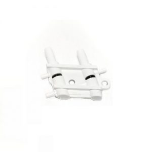 White plastic hinge with two cylindrical barrels, four short rods, a central mounting hole, and a small loop on one side. Compatible with S1 Pipet Filler Valve Body Assembly, Newer Version (Thermo Scientific).