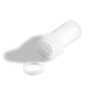 White plastic filling valve with threaded end for Dispensette III, Organic & seripettor pro (0.5–10mL, BrandTech), shown beside a separate circular washer on a white background.