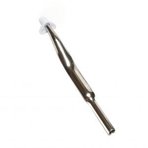 A Gilson Pipetman Full Metal Tip Ejector P2G/L/Neo or P10G/L/Neo with a white plastic end, inspired by sleek design, is photographed on a white background.