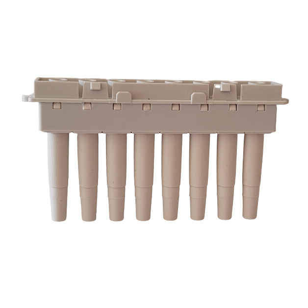 An 8-channel, 200μL plastic pipette tip rack with vertically arranged tips, designed for Labnet Excel Tip Fitting Assembly multichannel pipettes.