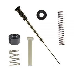 Components from the Labnet Piston Assembly Kit, Low Force, Single Channel, 20μL - Older Version (Labnet), including assorted metal and plastic parts like springs, rod, seals, and bushings, are arranged on a white background.