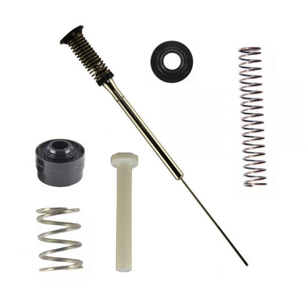 Components from the Labnet Piston Assembly Kit, Low Force, Single Channel, 20μL - Older Version (Labnet), including assorted metal and plastic parts like springs, rod, seals, and bushings, are arranged on a white background.