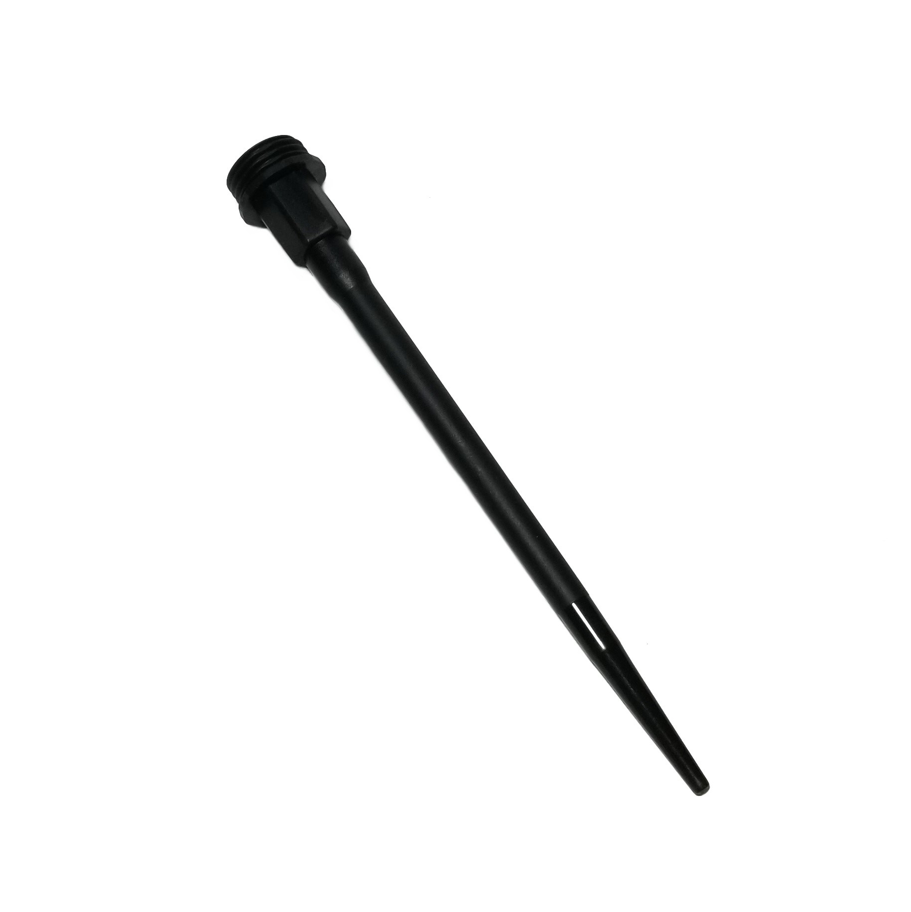 SA 721011 A black plastic tapered stake with a threaded top, resembling the Proline Mechanical Tip Cone, Single Channel, 10μL (Sartorius), isolated on a white background.