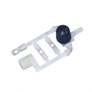 White cylindrical plastic component with multiple connectors and a black side bulb—designed for use in the BrandTech macro Pipette Controller, Valve System.