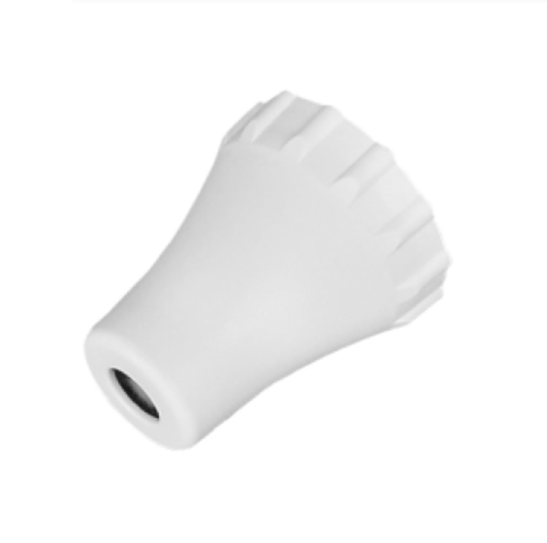 BT 26148 White plastic gear-shaped knob with central hole, likely part of the macro Pipette Controller Adapter Housing, Older Version, 49mm by BrandTech, shown at an angle on a plain background.