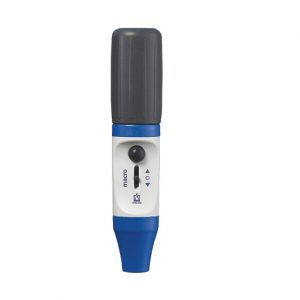 The macro Pipette Controller, Blue (BrandTech) is a handheld plastic pipette with a blue and white body, black adjustment knob, and gray cap.