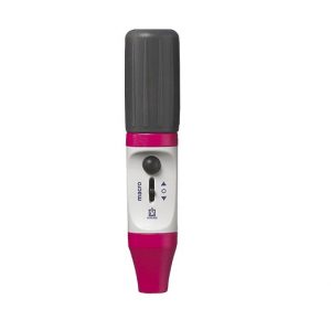 The BrandTech macro Pipette Controller in magenta features a black top, white and magenta body, control buttons, and measurement settings—ideal for precise lab tasks.