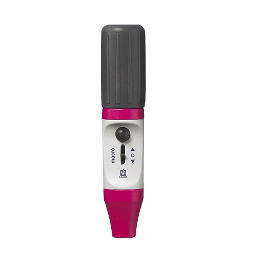 The BrandTech macro Pipette Controller in magenta features a black top, white and magenta body, control buttons, and measurement settings—ideal for precise lab tasks.