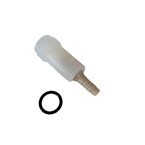 BT 6637 A translucent plastic connector with a barbed end, compatible with the Dispensette III & Organic Filling Valve with Olive Shaped Nozzle (0.5mL–10mL, BrandTech), is shown beside a small black O-ring on a white background.
