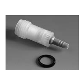 BT 6637 A BrandTech Dispensette III & Organic Filling Valve with olive-shaped nozzle (0.5mL–10mL), featuring a threaded plastic connector and separate black O-ring, shown on a gray background.