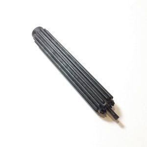 A black, ribbed plastic Valve Mounting Tool for Dispensette III & Organic, HF & TA Calibrating (all volumes) by BrandTech features a cylindrical, tapered shape with small protrusions and is shown on a white surface.
