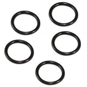Five black Dispensette III Organic FKM Sealing Rings for Filling Valve (BrandTech), 5 pack, arranged on a white background.