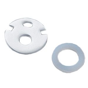 Two metal washers are displayed: one circular and one slotted with two openings, both used as PTFE seals and sealing rings for the Dispensette III, Organic, TA & HF (BrandTech), 5 Pack.