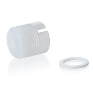 A translucent plastic threaded cap with a side slot, shown beside a flat circular washer, serves as the BrandTech seripettor pro Adapter for Filling Valve, compatible with 2mL, 10mL, and 25mL sizes.