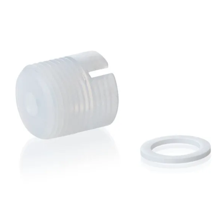 BT 6707 A translucent plastic threaded cap with a side slot, shown beside a flat circular washer, serves as the BrandTech seripettor pro Adapter for Filling Valve, compatible with 2mL, 10mL, and 25mL sizes.