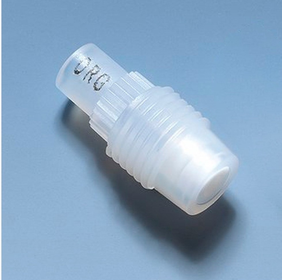 BT 6729 6730 A close-up of a translucent plastic connector, like those in Dispensette S Discharge Valve, 1mL, 2mL (BrandTech), with threaded ends on a flat blue surface.