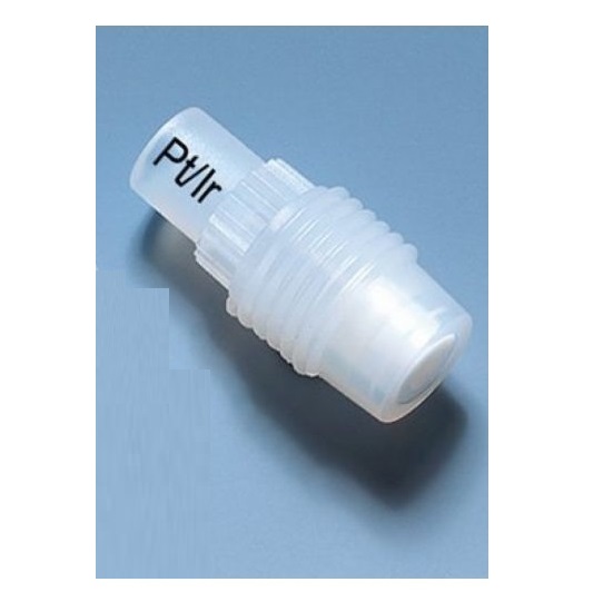 BT-6732 A small clear vial labeled Dispensette S Trace Analysis, Discharge Valve, Platinum-Iridium, 10mL (BrandTech) with a ridged screw-top cap rests on a blue surface, ideal for precise storage in sensitive applications.