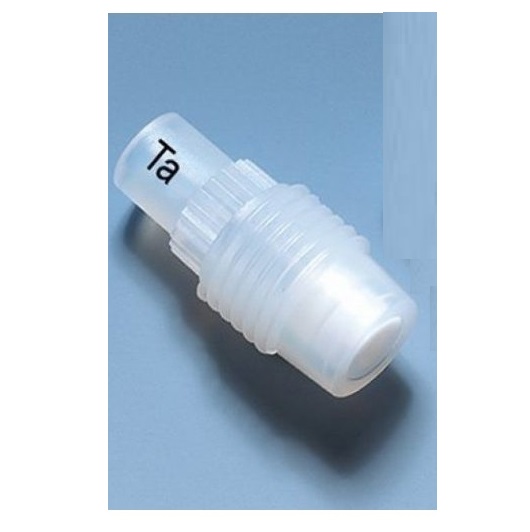 BT-6733 A small, translucent Dispensette S Trace Analysis discharge valve cap (Tantalum, 10mL, BrandTech) with threading and "Ta" printed on one end, shown on a blue surface.