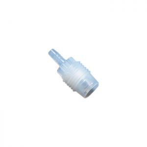 Close-up of a transparent plastic connector with ribbed body and small nozzle, part of the Dispensette S Trace Analysis Filling Valve, 10mL (BrandTech), shown on a white background.