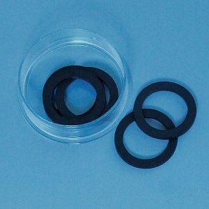 A clear container labeled "seripettor QuikSip Sealing Rings, EDPM, 5 Pack (BrandTech)" holds several black sealing rings, with two displayed outside on a blue surface.