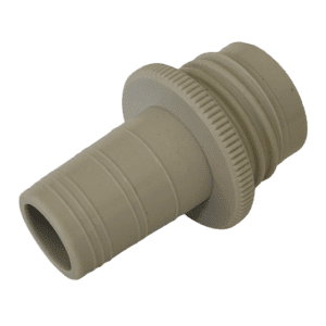 The Bottle Thread Adapter, PP, 33mm fits STJ 24/29 (Brandtech) is a beige plastic connector with a ribbed grip and barbed end, ideal for joining hoses or pipes securely using a 33mm STJ 24/29 bottle thread.