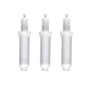 Three identical seripettor pro Dispensing Cartridges, Non-Sterile, 3 Pack, 10mL (Brandtech) are standing upright in a row against a white background.